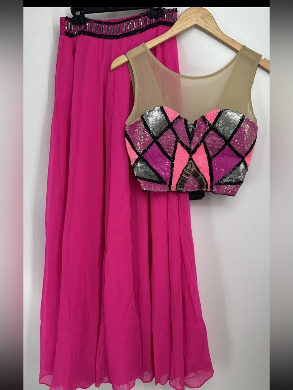 Women’s Magenta Fuschia Sequin formal Dress with Mesh Bodice two piece